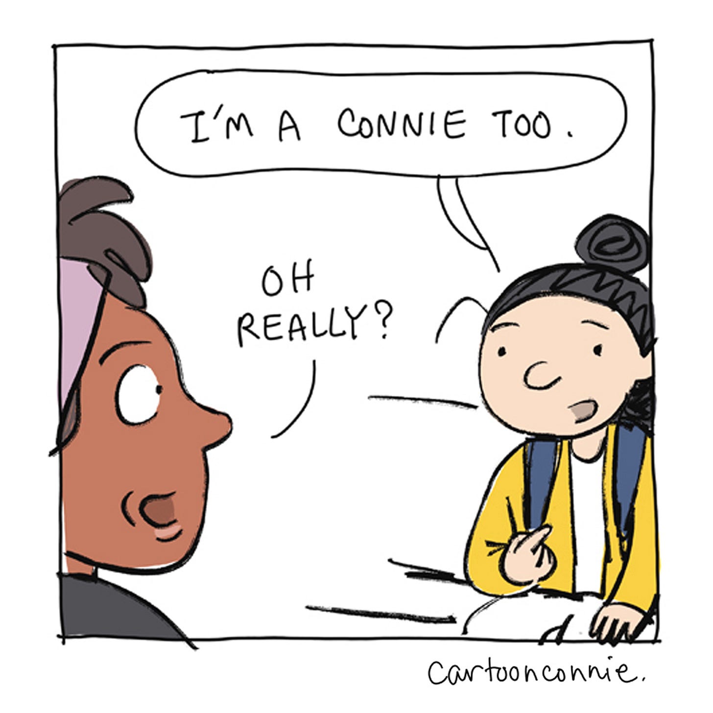 Panel 3/12 of a two-page diary comic about an encounter on a New York City subway in which Connie meets another Connie. Titled "City Diary, July 2026," by Connie Sun, cartoonconnie.
