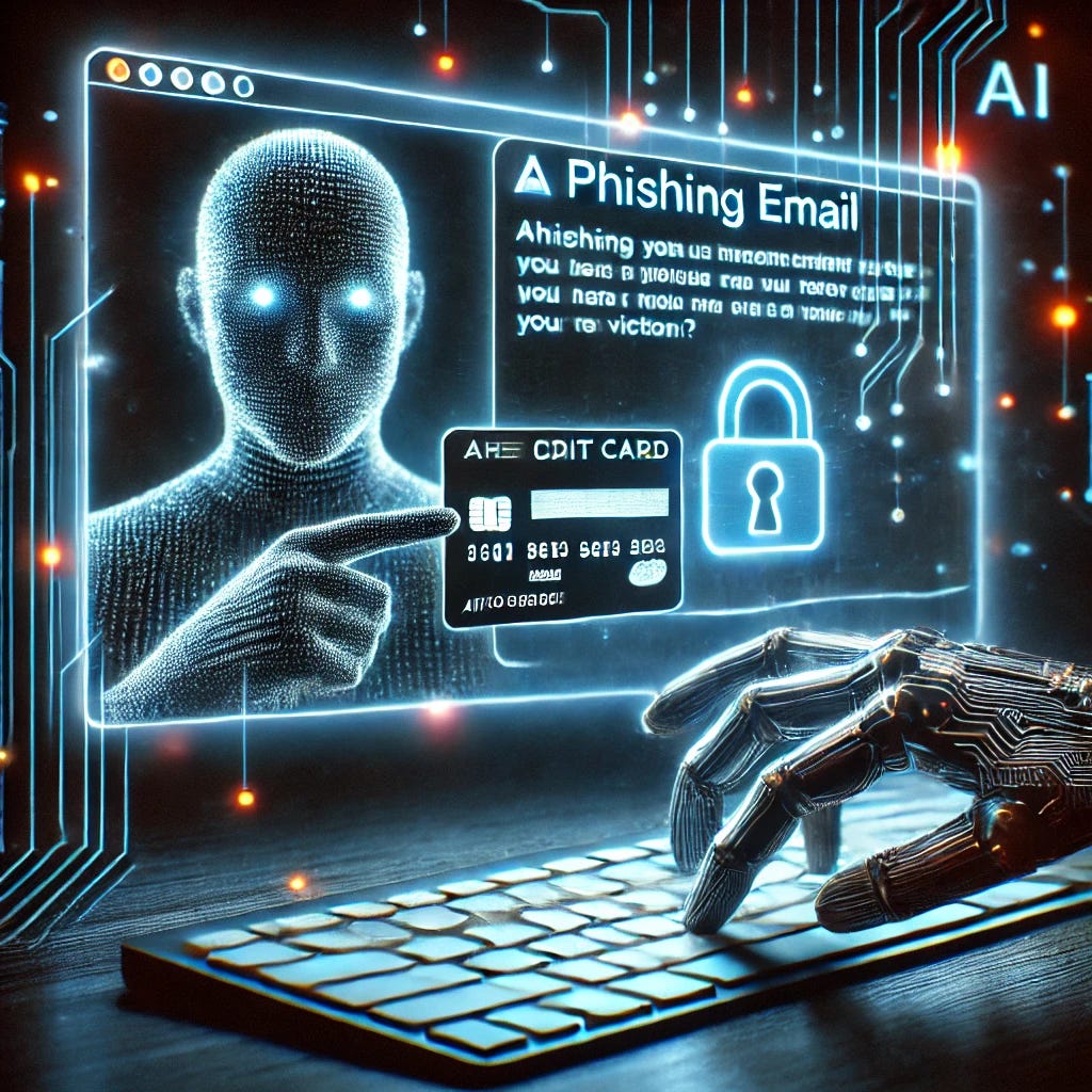 An artistic depiction of a phishing email enhanced with AI-generated text, displayed on a glowing computer screen. The email is shown alongside a blurred hand holding a credit card, symbolizing the victim. The setting is cyber-themed with holographic elements and a dark, sleek aesthetic.