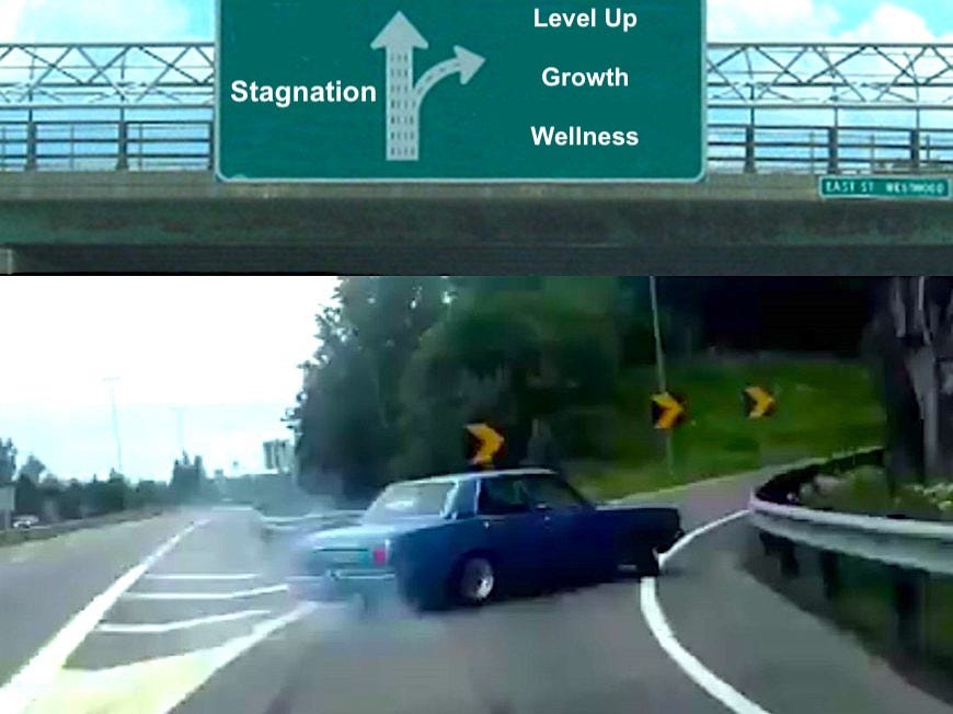 car making a sharp turn to exit away from "Stagnation" towards "Level up, Growth, Wellness" car making a sharp turn to exit away from "Stagnation" towards "Level up, Growth, Wellness"