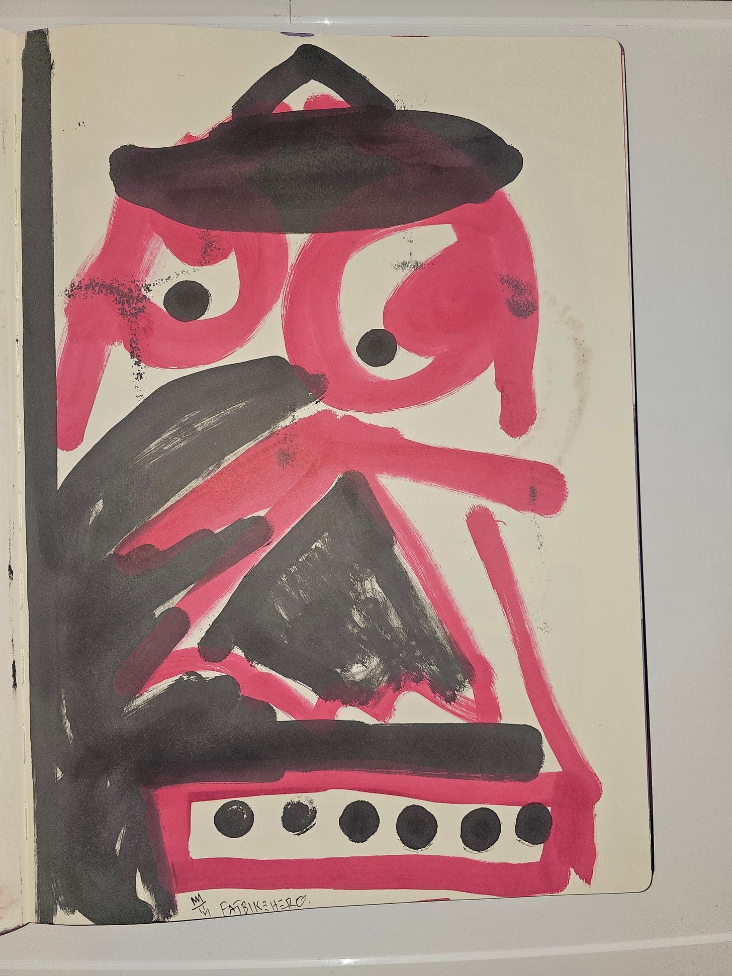 Red and black ink drawing of a sad, emblematic witch-like figure with circular eyes and interface-like base, critiquing AI consulting culture, human-made artwork by FatbikeHero