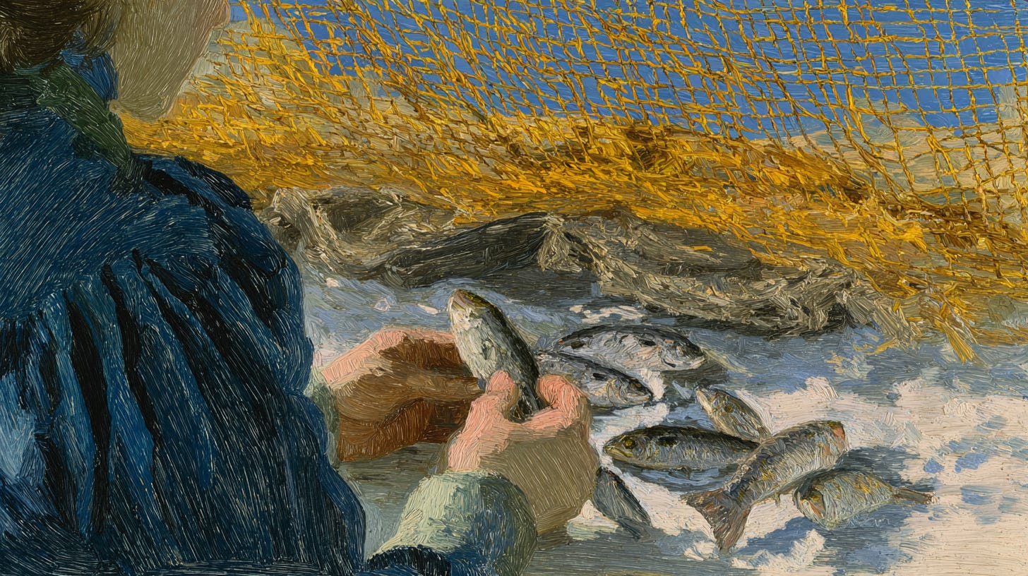 close-up of woman’s hands placing fish on ice, detailed textures, surrounded by fishing nets, morning sun rays, tranquil seaside fish market mood --ar 16:9 --sref 1319887298 --profile i6fyyx5 --sv 4 --v 7 close-up of woman’s hands placing fish on ice, detailed textures, surrounded by fishing nets, morning sun rays, tranquil seaside fish market mood --ar 16:9 --sref 1319887298 --profile i6fyyx5 --sv 4 --v 7