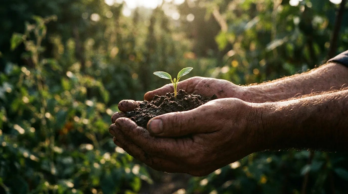 A potter's hands cupping dark, damp earth in soft morning light, a green garden blurred behind, no faces