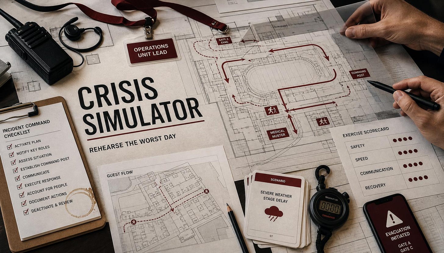 Crisis Simulator editorial opener showing a rehearsed event crisis response with venue maps, evacuation routes, command checklist, scorecard, radio, stopwatch, and scenario cards Crisis Simulator editorial opener showing a rehearsed event crisis response with venue maps, evacuation routes, command checklist, scorecard, radio, stopwatch, and scenario cards