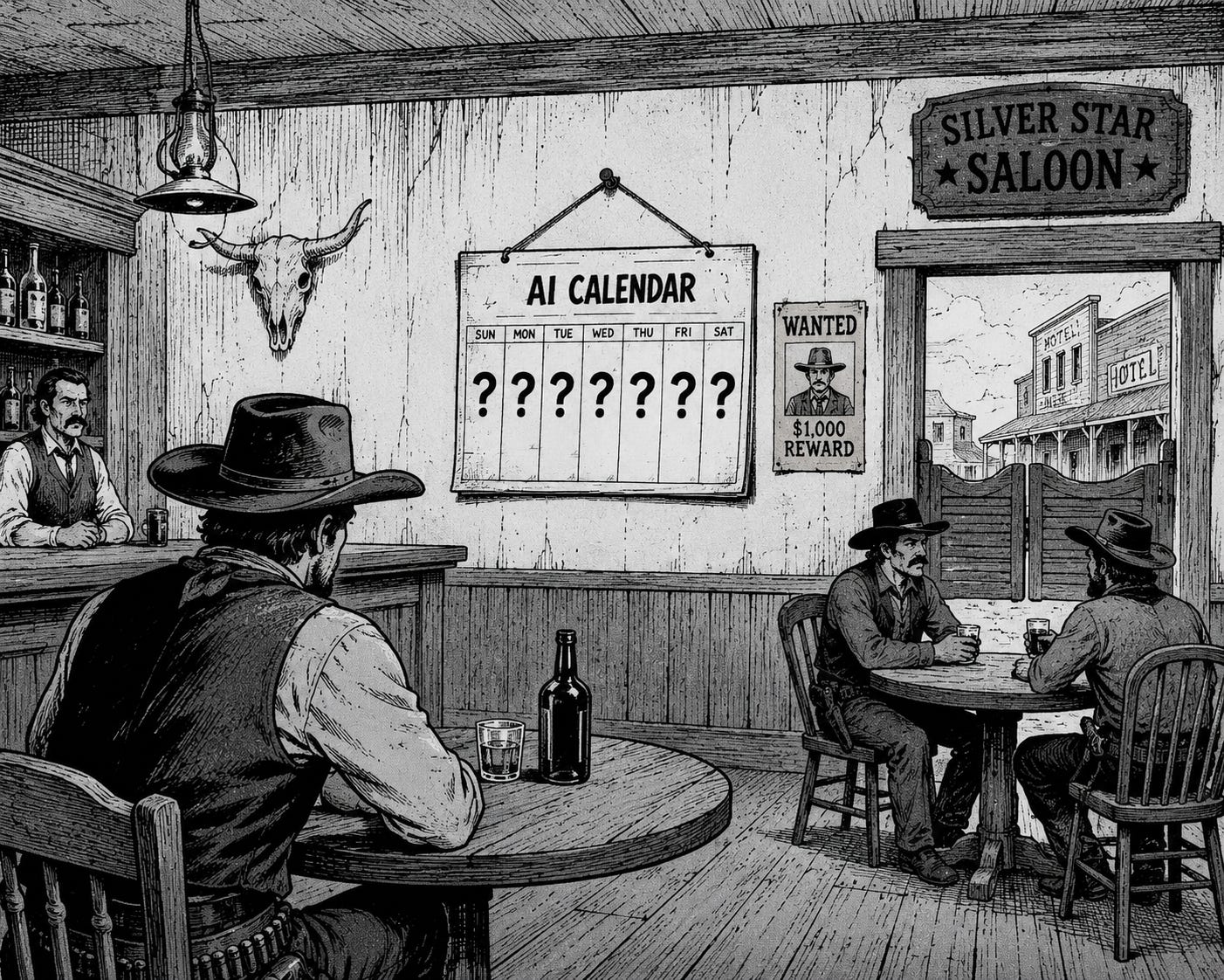 Black-and-white western comic-style illustration of an old saloon interior. Several cowboys sit at wooden tables drinking while a bartender stands behind the bar. Swinging saloon doors open to a dusty frontier street outside. On the wall hangs a large weekly “AI Calendar” with oversized question marks filling the days of the week, suggesting uncertainty about future plans. A cattle skull and wanted poster decorate the wall, all rendered in detailed ink linework and crosshatching reminiscent of classic western comics.