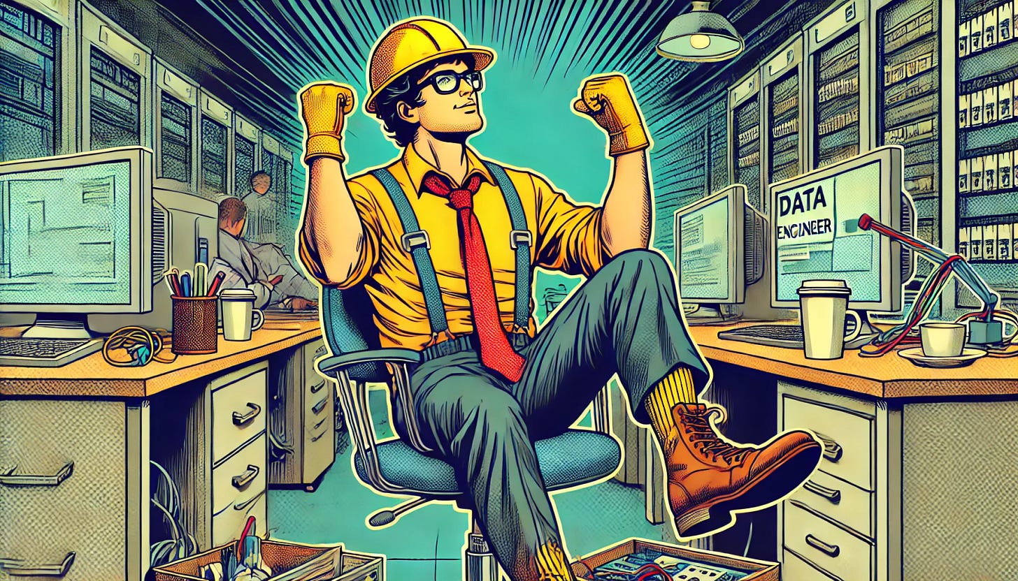 Data engineer sitting in front of the desk; happy because they got a new job.