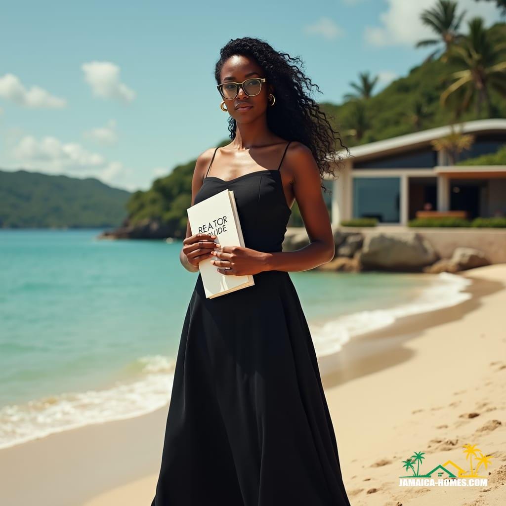 A poised black mixed-race woman with dreadlocks and glasses stands confidently in the sand, wearing a elegant long black dress, in front of a breathtaking modern beachside property in Jamaica. She holds a sleek "REALTOR GUIDE" book, exuding professionalism and style. Shot on location with a V-Raptor XL camera, the image features a subtle film grain, vignette, and cinematic color grading, evoking the warmth and beauty of the Caribbean setting. The lighting is dramatic and atmospheric, with deep shadows and highlights that accentuate the subject's stunning features. Inspired by the works of Gordon Parks, Lorna Simpson, and Jamel Shabazz, this image blends cinematic realism with a touch of high-fashion elegance, capturing the essence of a modern woman in a breathtaking tropical setting.