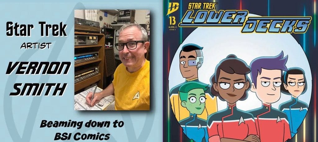 May be an image of ‎text that says '‎COSNG Star Trek ARTIST STAR TREK 13 ID LOWERDECKS ים 4.990 VERNON SMITH Beaming down to BSI Comics‎'‎