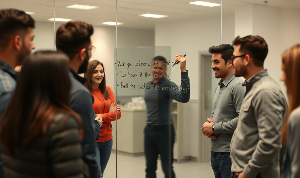 A team collaborating as one person writes ideas on a glass wall, illustrating openness and learning culture A team collaborating as one person writes ideas on a glass wall, illustrating openness and learning culture