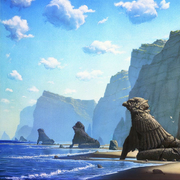 LEFT: Detail from SENTINELS featuring children standing on statues with hawk-like faces. One of the children on top of the head reaches up, offering an approaching dove a perch to land upon. RIGHT: Background detail from SENTINELS featuring a line of statues that progressively erode as they extend down the shore.