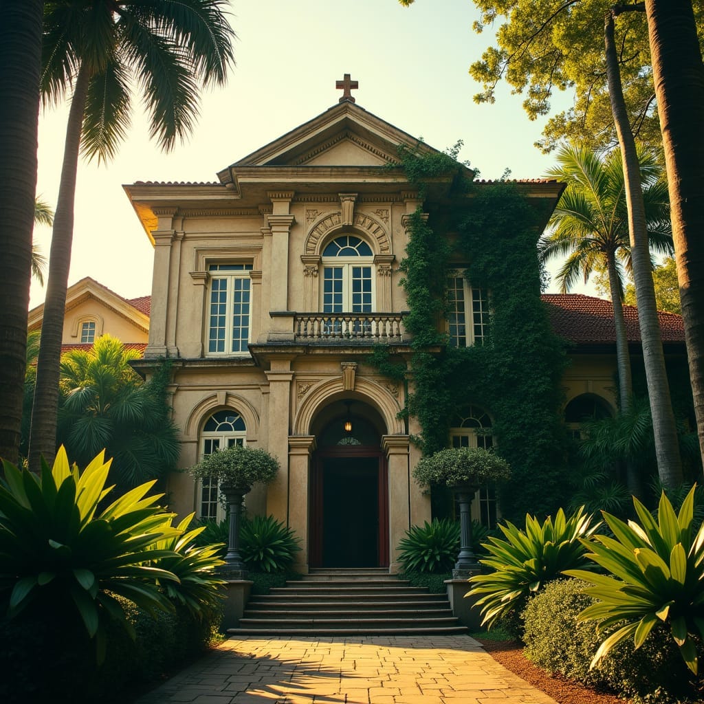 Majestic colonial mansion, Jamaica, late afternoon, warm golden light, cinematic lighting, long shadows, vibrant lush tropical gardens, ornate wooden facade, rustic shutters
