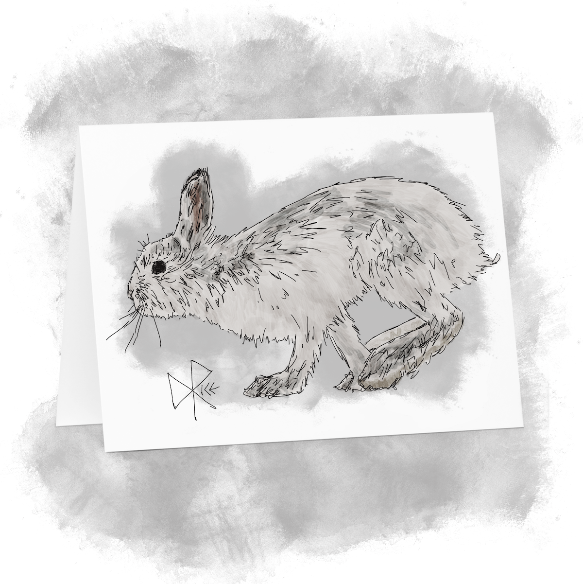 A Snowshoe Rabbit scurrying through the snow, its white winter coat beginning its morph to darker summer camouflage. Will be nice to soon eat some grass and berries, rather than the twigs and bark of winter. Sketch art by Don Rice. A Snowshoe Rabbit scurrying through the snow, its white winter coat beginning its morph to darker summer camouflage. Will be nice to soon eat some grass and berries, rather than the twigs and bark of winter. Sketch art by Don Rice.
