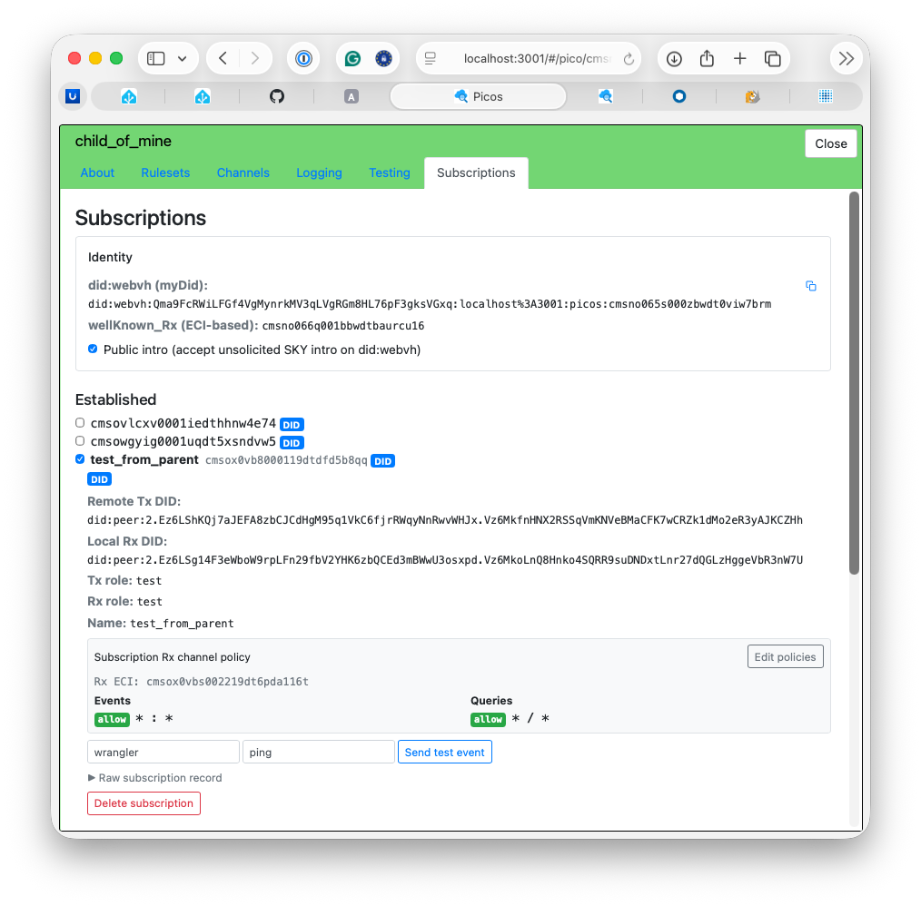 Subscription developer UI showing webvh DID at the top and peer DIDs in the established subscription Subscription developer UI showing webvh DID at the top and peer DIDs in the established subscription