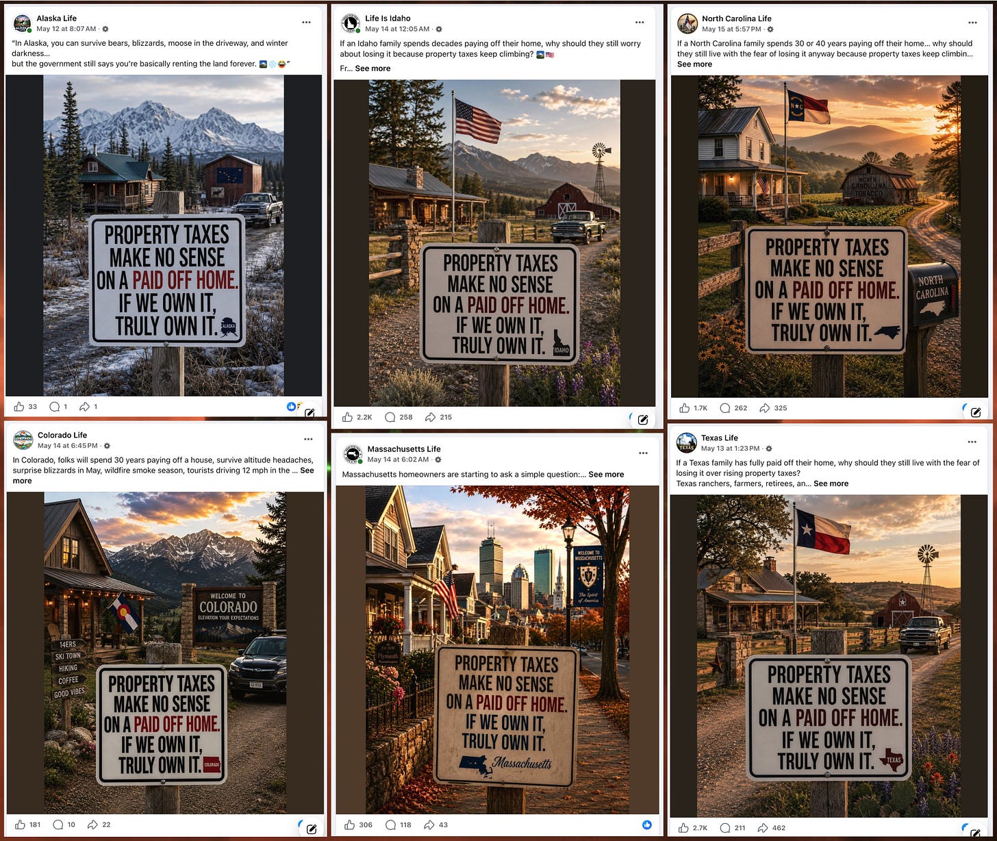 collage of AI-generated image posts expressing opposition to property taxes collage of AI-generated image posts expressing opposition to property taxes