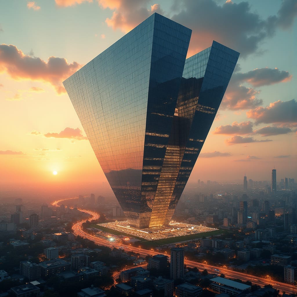 A colossal upside-down pyramid skyscraper located in the heart of Kingston, with its widest point at the top and the narrowest at the base. The building’s walls are made entirely of reflective glass, and it rises high above the city, defying traditional architectural logic. The upper floors house offices and luxury suites, with an open-air plaza at the base for public markets and events. Gravity-defying, inverted architecture, futuristic glass structure, urban marvel.