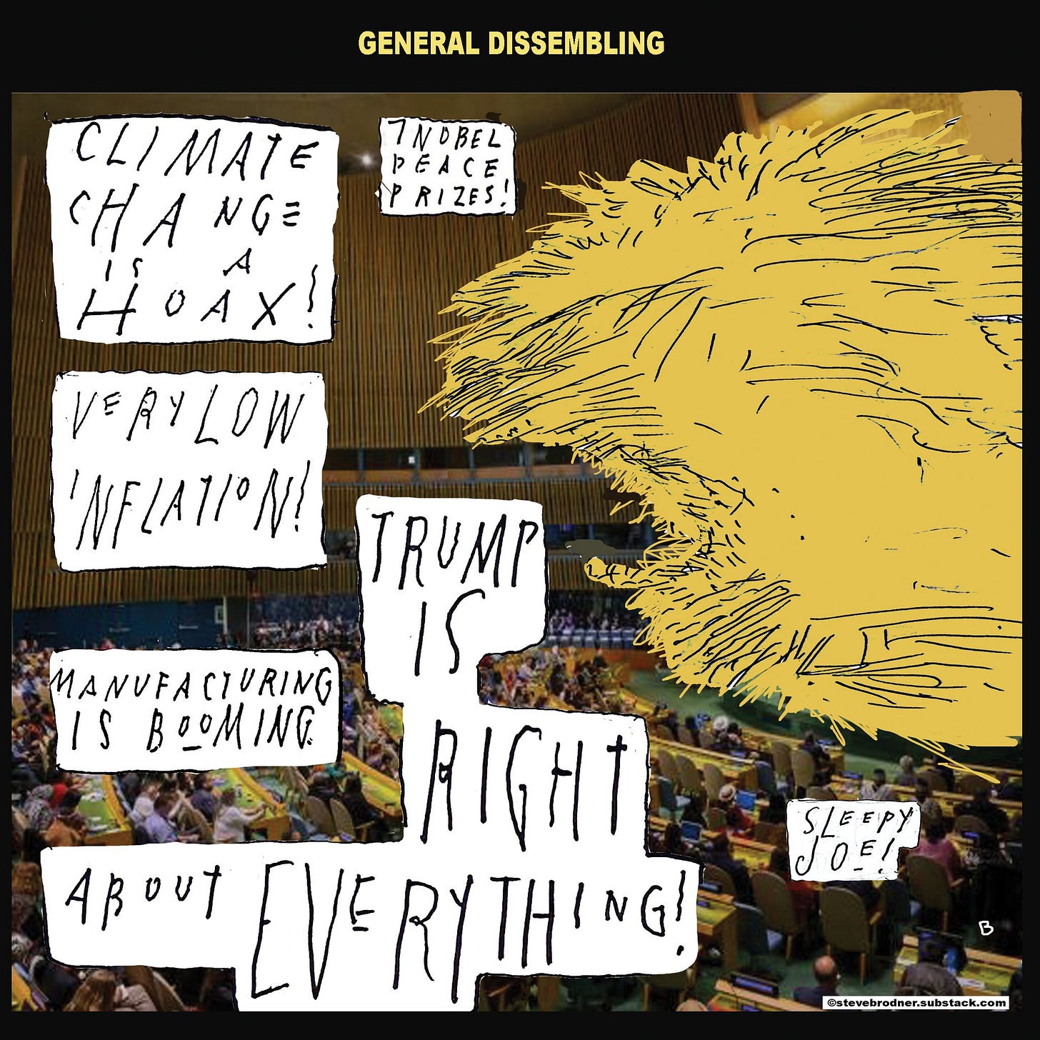 May be a graphic of crowd and text that says 'GENERAL DISSEMBLING 7NDBEL PEACE E RIZES. CLIMATE CLI CHANGE CHA NGE HUÁX! A VEAYLOW 'NFLATIOM! TRUMP IS タのガす ABoUT EVERYTHING! NG! G! RY RYIH TH MANUFACIURING MANUF CIURING IS BOOMING 00M Jo? 0_ SLEEPY OE! B @stevelwodiner.substaok.com'
