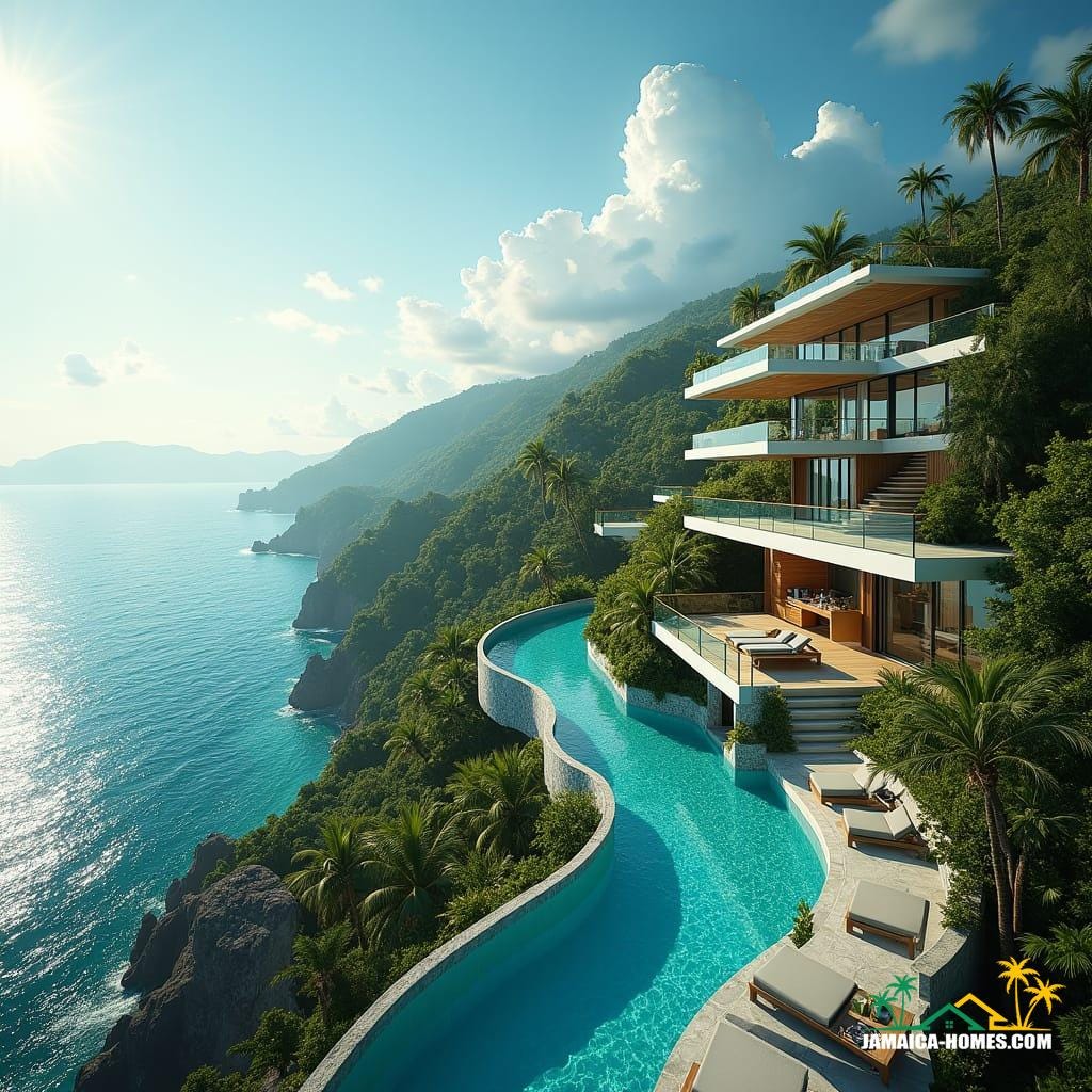 Modern development schemes in Jamaica near the coast and beaches feature sleek glass architecture, incorporating unique swimming pools both at ground level and on rooftops. These designs not only offer stunning views of the Caribbean Sea but also blend contemporary style with the tropical landscape, creating luxurious spaces that feel open and light.