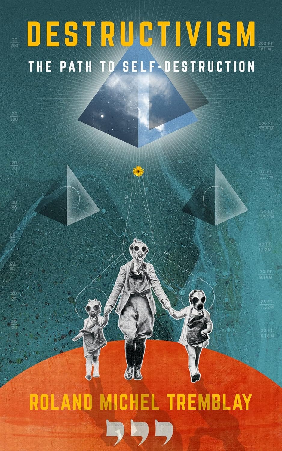 Book cover of “Destructivism - The Path to Self-Destruction” by Roland Michel Tremblay. The title at the top is dark yellow and the subtitle is white. The author’s name at the bottom is orange, and underneath there are three large grey apostrophes. In the upper cover, we see one large pyramid containing a blue sky with clouds and stars, with two smaller darker pyramids below, over a dark teal background intermixed with blue and dark dots. There are pale blue numbers on both sides of the cover indicating in feet and metres how far below water the scene is, like you might see in the periscope of a submarine, while the background image shows dark rivers and mounds at the bottom of the ocean. In the lower part of the cover, there is a photo in black and white of an adult and two children wearing clothes from the First World War in Great Britain, with gas masks and carrying cases at the front. They are walking on a large orange mound reminiscent of the Sun, and their heads are interconnected with pale blue circles and lines, to a small yellow flower in the middle of the cover.