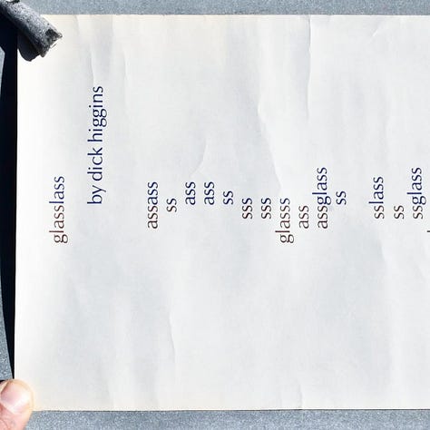 Dick Higgins, glasslass (for karen, barton vermont, july 17th 1970), (two color print on grey cardboard), Published by the artist, Barton, VT, 1970 [konkretpoesi. Fondazione Bonotto, Colceresa (VI). © Dick Higgins]