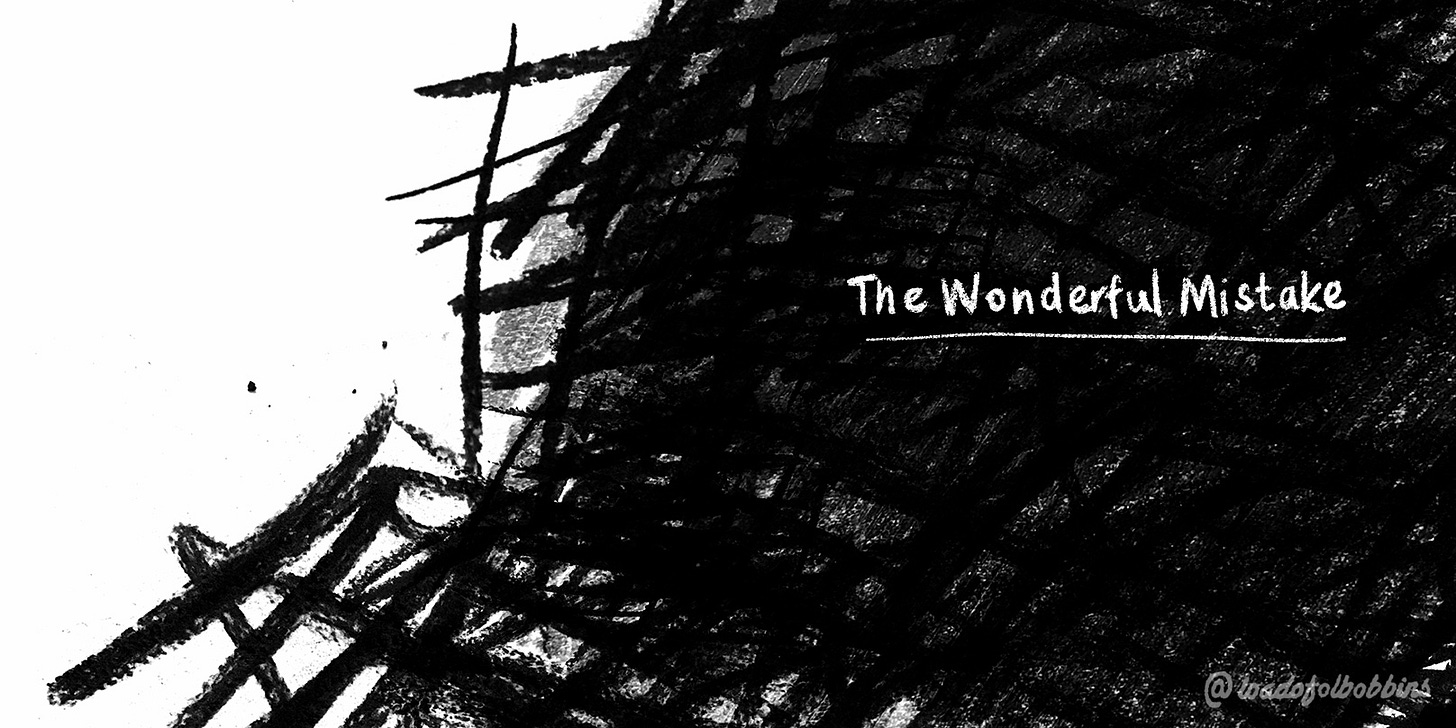A mass of black charcoal scribbles dominate the page and have the title 'The Wonderful Mistake' underlined and written in white on it.