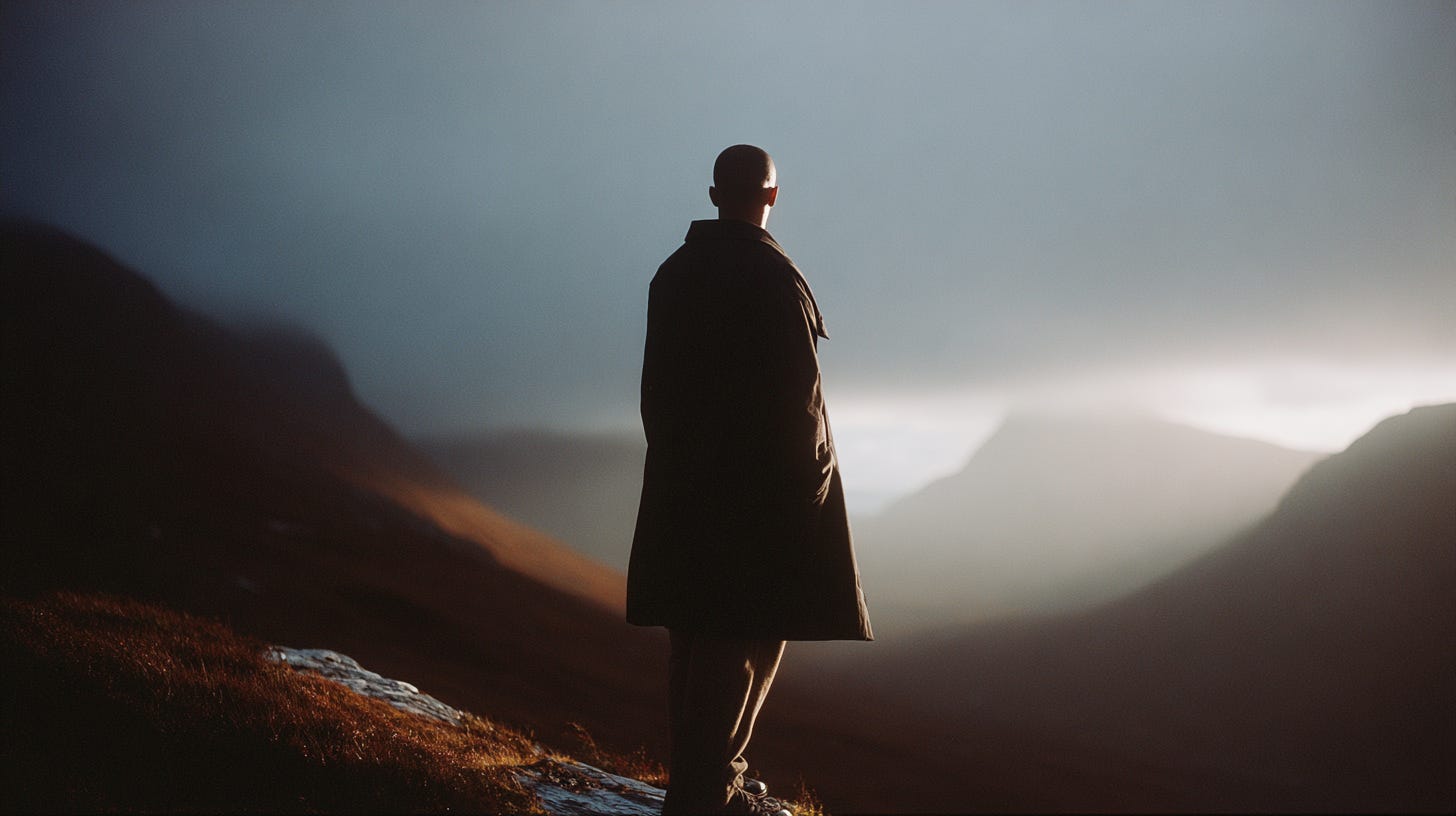 A solitary figure standing at the edge of a cliff at dawn, back to camera, looking out over vast misty mountains, golden hour lighting