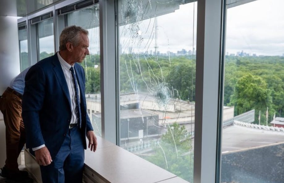 RFK tours an empty CDC campus after a shooter inspired by his anti-vaccine propaganda fired hundreds of rounds at the CDC campus.