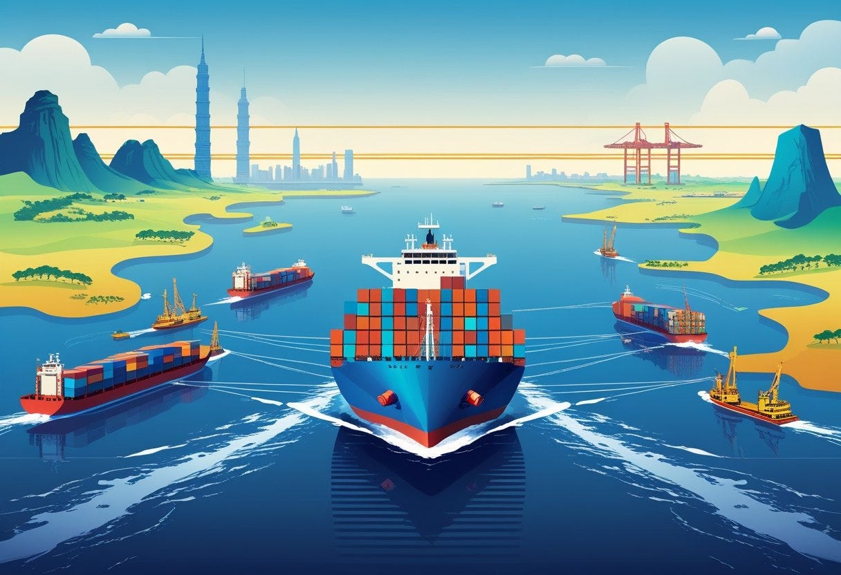 A cargo ship carrying containers sails between illustrated maps of China and the USA, showing ports and landmarks on each side. A cargo ship carrying containers sails between illustrated maps of China and the USA, showing ports and landmarks on each side.