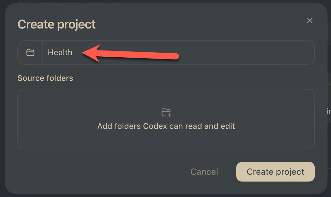 Codex project-creation window for a personal health log.