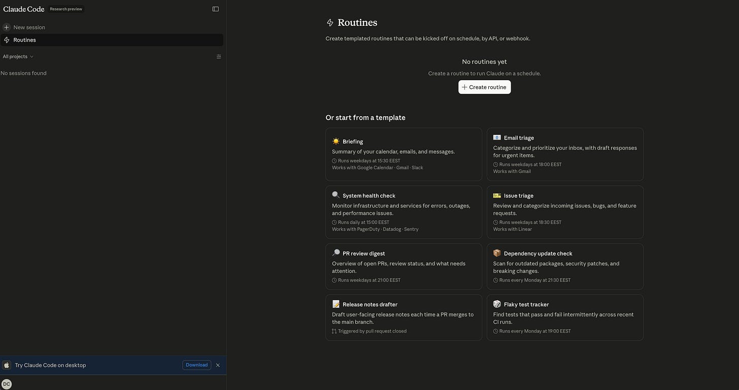 Claude Code Routines dashboard at claude.ai/code/routines showing the Create routine button and six starter templates including Briefing, Email triage, System health check, Issue triage, PR review digest, and Dependency update check