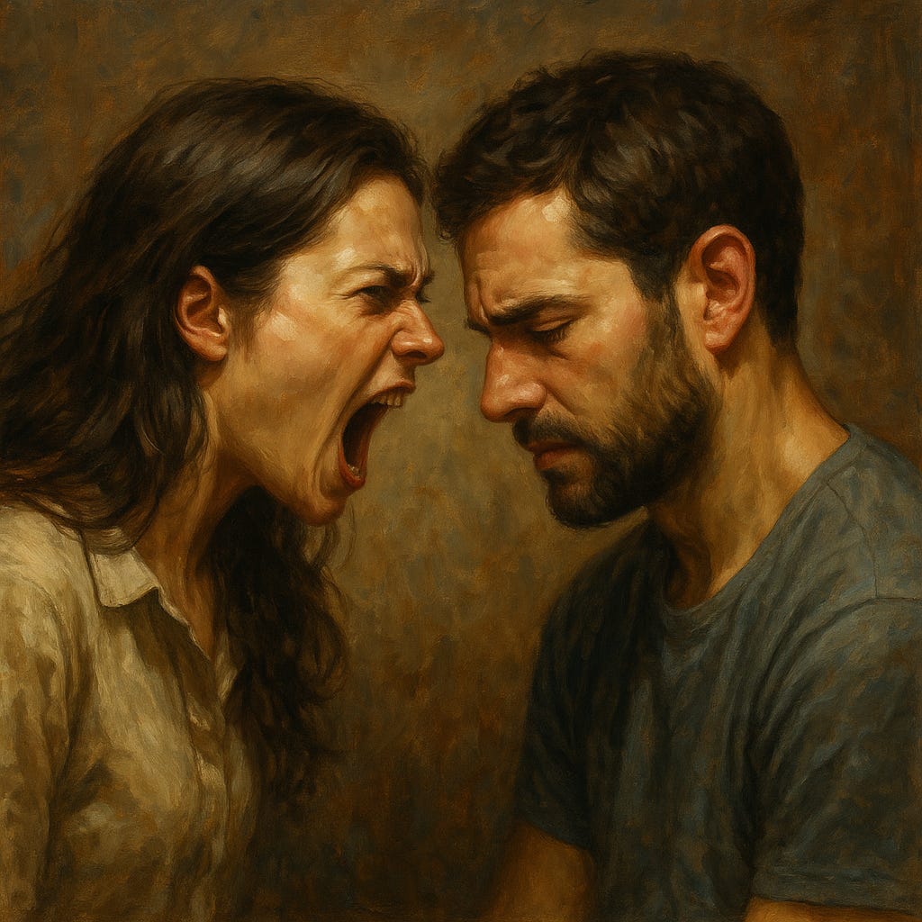 Intense oil painting of a woman and man facing each other. The woman is mid-scream, her face contorted with rage, while the man looks down with a pained, defeated expression. Their body language reflects emotional exhaustion, conflict, and the breakdown of communication, symbolising relational tension and unresolved wounds.