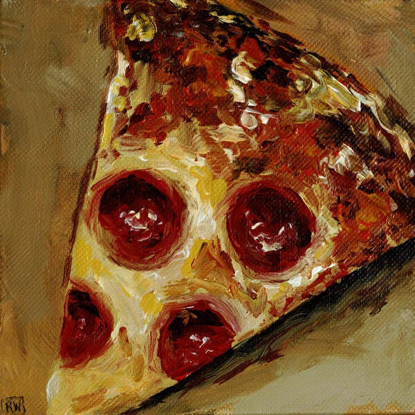 Pepperoni Pizza Slice Art Print featuring the painting Pepperoni by Robin Wiesneth Pepperoni Pizza Slice Art Print featuring the painting Pepperoni by Robin Wiesneth