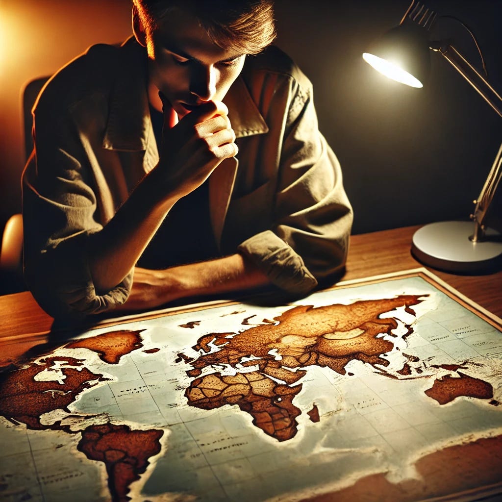 A thoughtful person sitting at a table, looking intently at a large world map spread out in front of them. The scene is dimly lit, with a warm glow from a desk lamp casting shadows. The person appears deep in thought, their hand resting on their chin, symbolizing contemplation and uncertainty about the future. The atmosphere conveys introspection and decision-making.