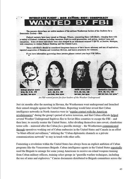 Screenshots of pages 43, 44, and 45 of the Cuba Report, to illustrate the placement and context of the photo of Vietnam Veterans. Page 43 shows wanted photos depicting members of a terrorist organization. On page 44 a reference is made to claims about the recruitment of veterans by Cuba to train to commit terrorism. Page 45 shows the photo of Vietnam Veterans Against the War.