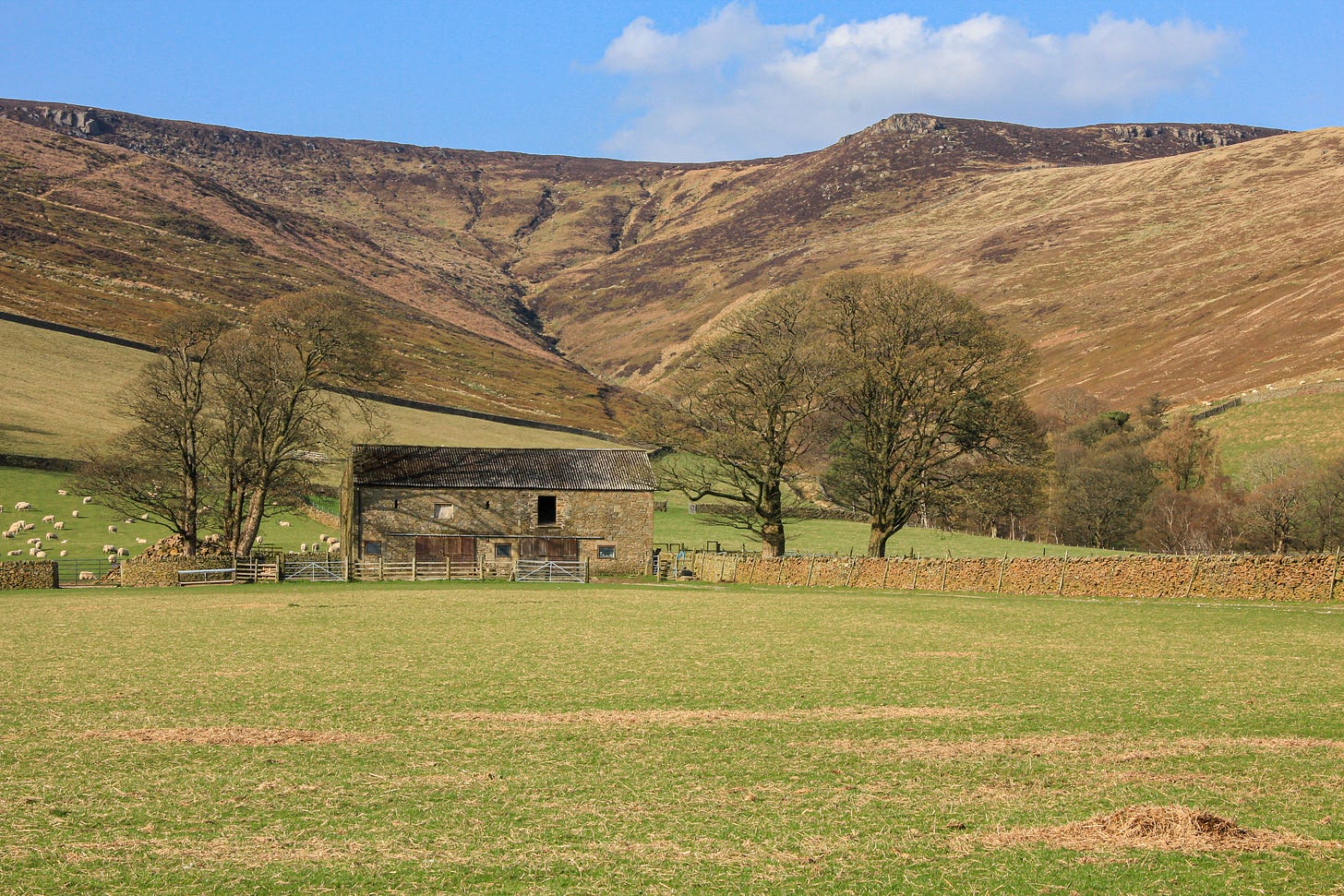A barn surrounded by trees with Kinder Scout mountain in the background