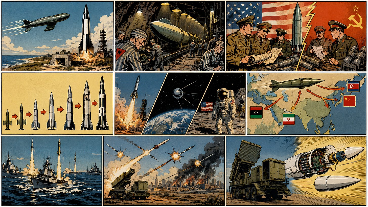 Bande dessinée panoramique composée de neuf cases, réalisée dans le style des comics de guerre US des années 1950, avec contours noirs épais, couleurs légèrement vieillies et ambiance dramatique. Les premières cases montrent les V1 et V2 allemands sur leur site de lancement puis leur assemblage dans un tunnel souterrain par des prisonniers en uniforme rayé. Une autre scène oppose officiers US et soviétiques autour de plans de missiles, symbolisant la récupération de la technologie allemande après 1945. Les cases suivantes illustrent l’évolution des fusées, la conquête spatiale, la prolifération mondiale des missiles balistiques, des tirs depuis des navires de guerre, un système antimissile interceptant plusieurs projectiles au-dessus d’une ville et, enfin, un lanceur Patriot accompagné d’une vue en coupe d’un missile moderne révélant ses composants internes. L’ensemble illustre la continuité historique reliant les V1 et V2 aux systèmes balistiques contemporains et à la défense antimissile.