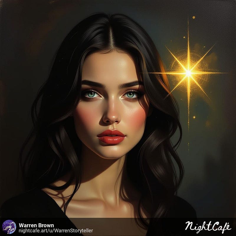 Woamn in the darkness and a bright star