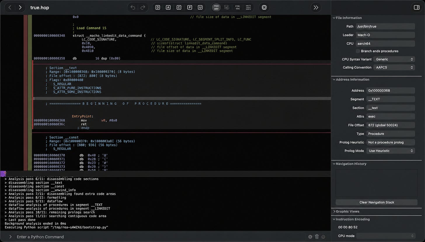 REA driving the Hopper disassembler on a macOS binary