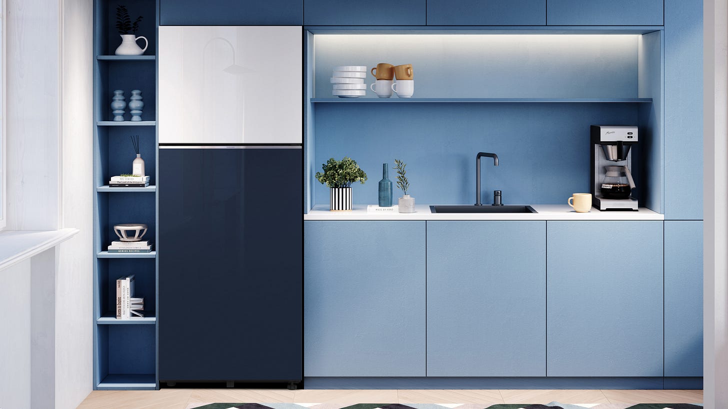 A Samsung top freezer in a kitchen A Samsung top freezer in a kitchen