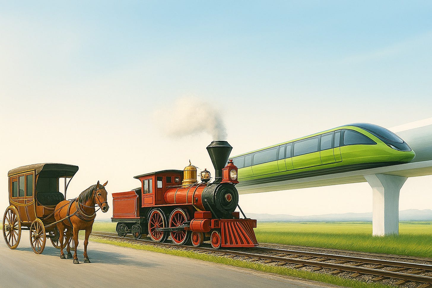 A visual timeline showing a stagecoach, a steam locomotive, and a modern monorail train in a single, brightly lit landscape, symbolizing the relentless acceleration of technological progress.