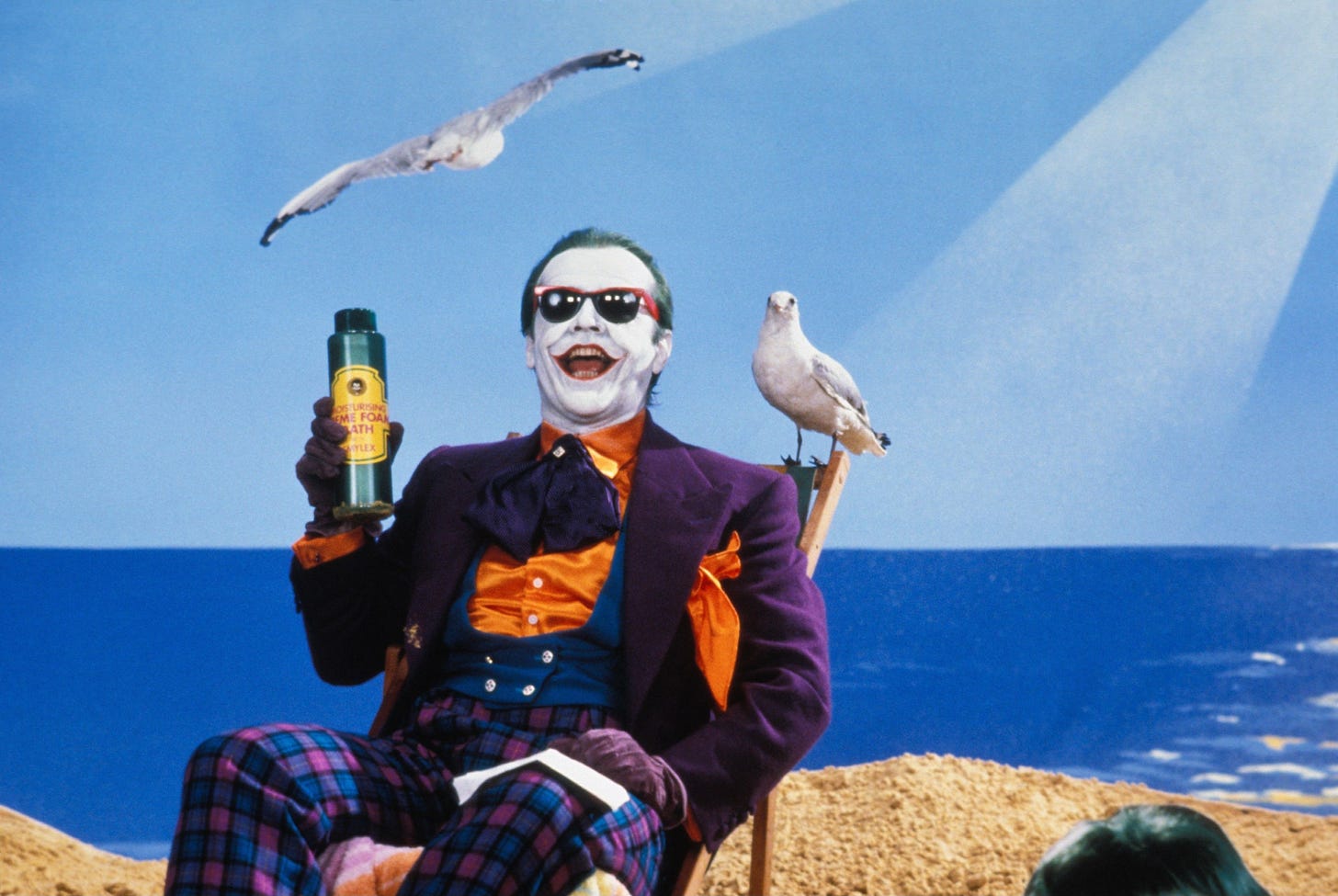 Daily Batman Anthology on X: "Production Photo from Batman (1989), with The  Joker on the "Beach" for his infamous Smylex Commercial. There's something  just really funny about a man in a full