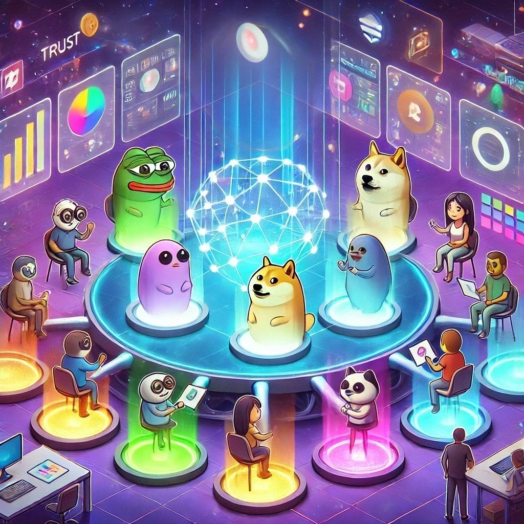 A digital illustration showing characters inspired by popular memecoins like Doge and Pepe gathered around a futuristic, collaborative decision-making hub. The hub features glowing, interconnected nodes and screens representing community governance, with characters actively voting and contributing ideas. The central hub and surrounding elements now feature no symbols or tokens, focusing purely on the glowing, abstract structure to emphasize neutrality and collaboration. The setting is vibrant and dynamic, symbolizing trust, engagement, and innovation in a decentralized platform. No text or symbols included.