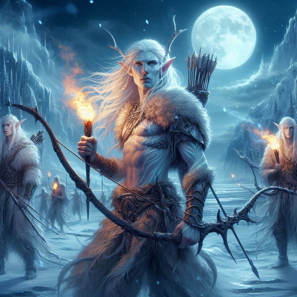 albino elves with torches and bows, frozen tundra, full moon, elven king, dungeons and dragons fantasy art