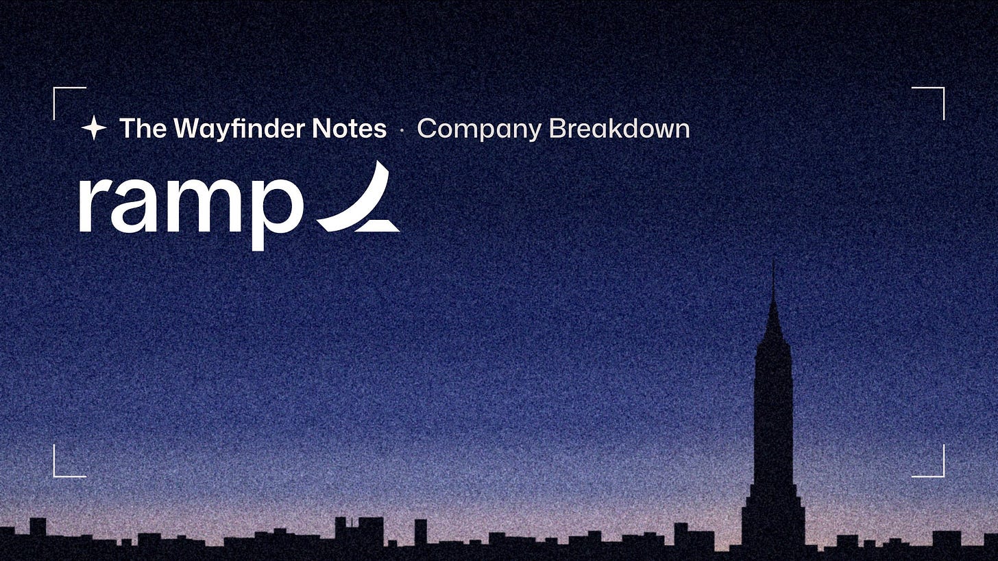 The Wayfinder Notes, Company Breakdown: Ramp's logo in white over a twilight New York skyline, with the Empire State Building rising on the right.