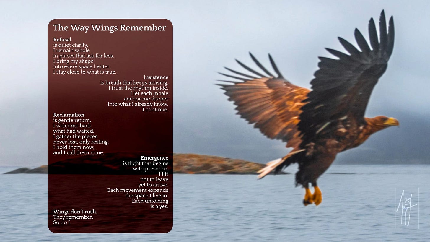 A white-tailed eagle mid-flight above calm northern waters, rising in front of a fog-veiled island. The wings are fully open, glowing with warm brown and golden tones. On the left, a soft burgundy text box holds a poem titled “The Way Wings Remember,” reflecting four movements—Refusal, Insistence, Reclamation, Emergence—each expressing a gentle, embodied path toward flight. The tone is spacious, affirming, and rooted in somatic presence. A fine-lined monogram signature rests in the lower right corner. A white-tailed eagle mid-flight above calm northern waters, rising in front of a fog-veiled island. The wings are fully open, glowing with warm brown and golden tones. On the left, a soft burgundy text box holds a poem titled “The Way Wings Remember,” reflecting four movements—Refusal, Insistence, Reclamation, Emergence—each expressing a gentle, embodied path toward flight. The tone is spacious, affirming, and rooted in somatic presence. A fine-lined monogram signature rests in the lower right corner.