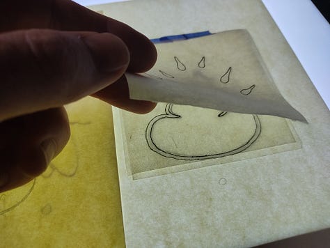 A few frames from the process of making wood block prints