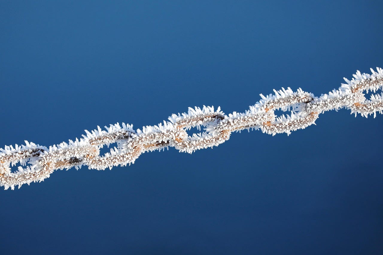 Metal chain, encrusted with frost. Metal chain, encrusted with frost.