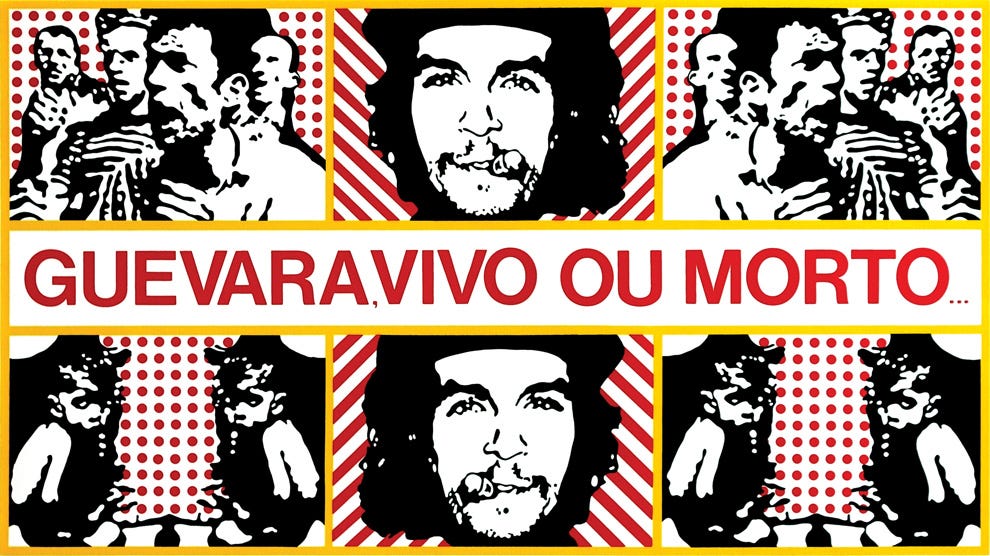 Pôster com layout de seis painéis em preto, branco, amarelo e vermelho, contendo retratos em alto contraste de pessoas e grupos, com texto em vermelho no centro lendo "GUEVARA.VIVO OU MORTO", apresentando padrões geométricos de pontos e listras nas laterais dos painéis.
