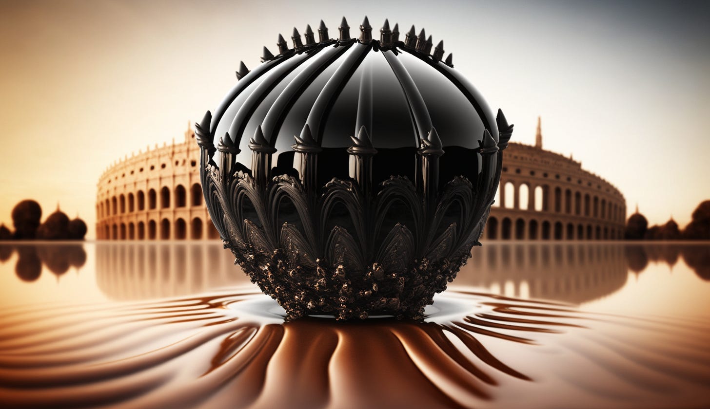 Midjourney prompt: all roads lead to rome during roman empire era ferrofluid
