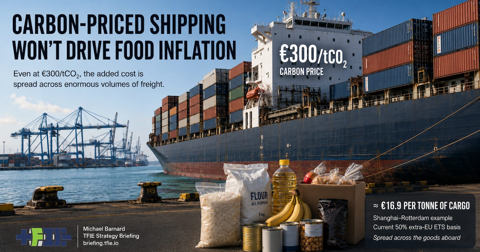 Large container ship at port with basic consumer staples in the foreground, contrasting a high shipping carbon price with a much smaller cost per tonne of cargo.
