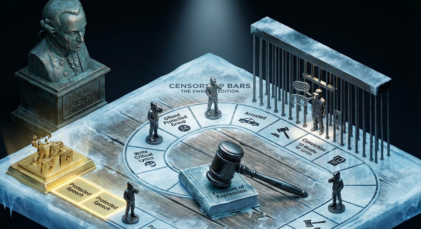 Design a 3D isometric gameboard depicting a Swedish prison yard reimagined as a sinister board game called Censorship Bars The Swedish Edition The game path spirals inward toward a central prison cell labeled 10 Months for Lyrics Game pieces_image_1