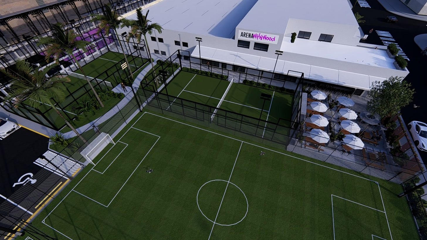 Rendering of Arena Wynwood in Miami, FL showing padel courts and soccer field Rendering of Arena Wynwood in Miami, FL showing padel courts and soccer field